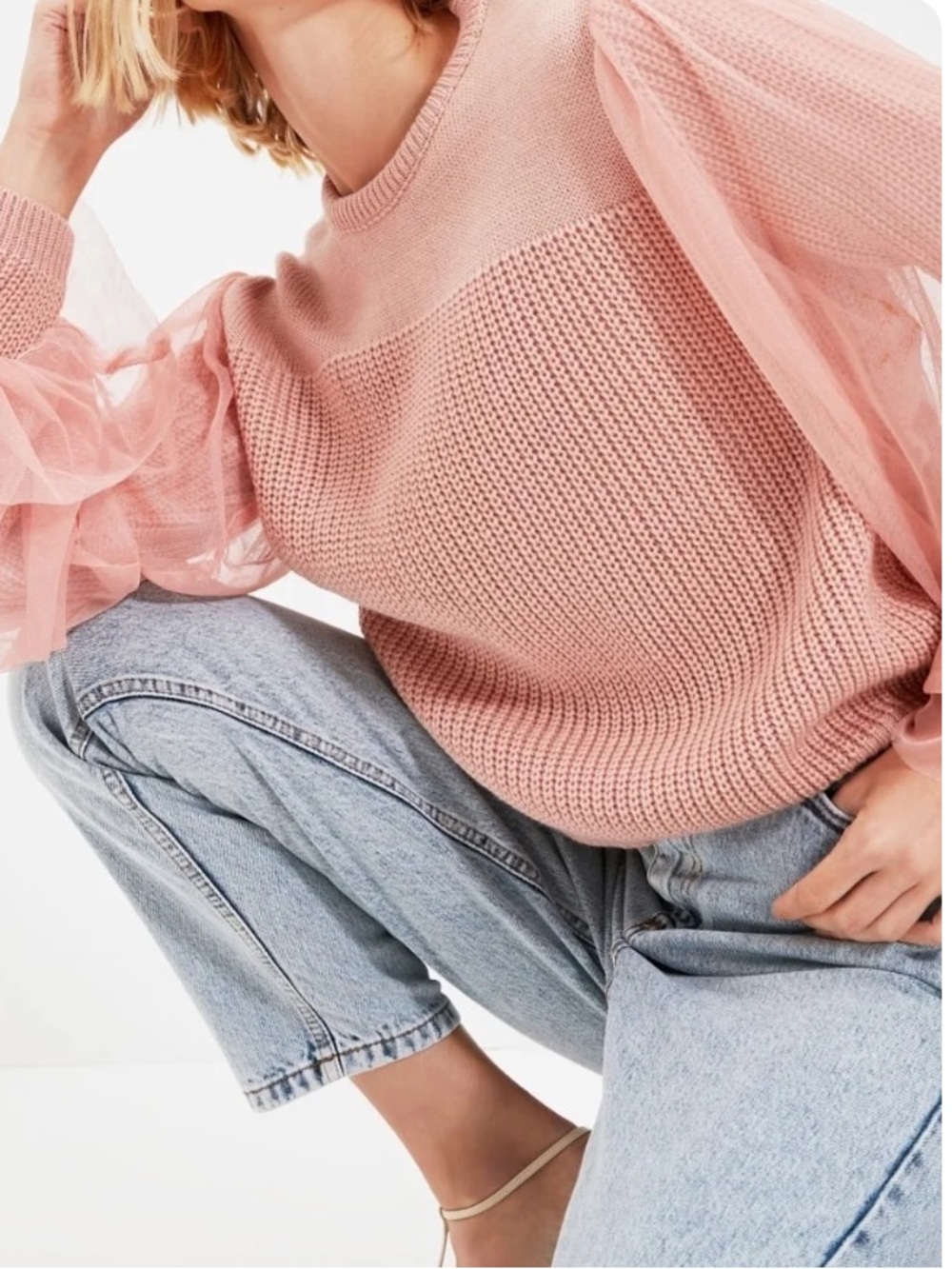 Anthropologie Blush Pink Ruffle-Shoulder Puff-Sleeve Knit Top